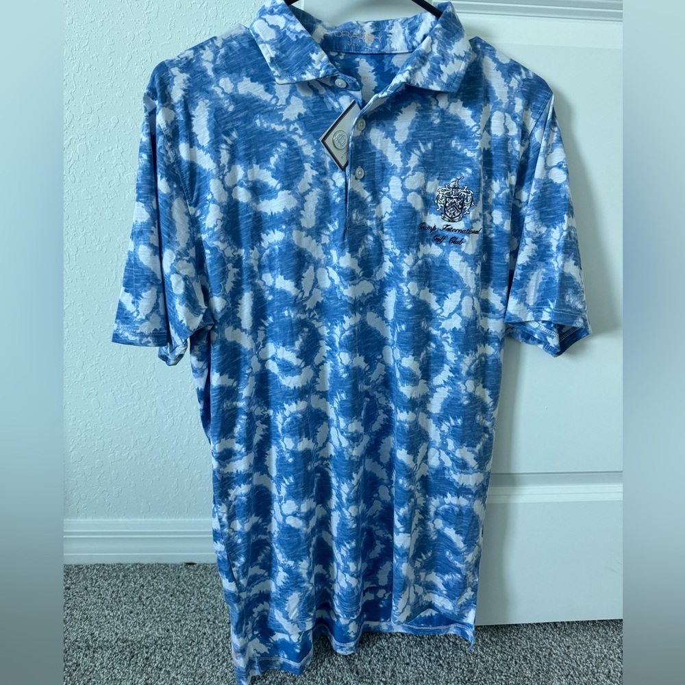 Men's Blue and White Patterned Polo Shirt